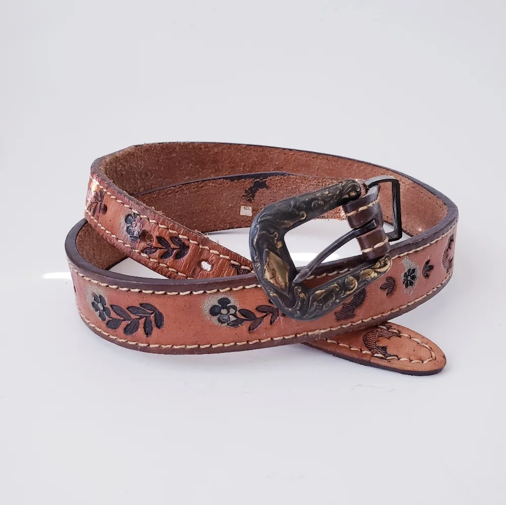 Vintage Tan Floral Embossed Leather Belt - Picture 1 of 9